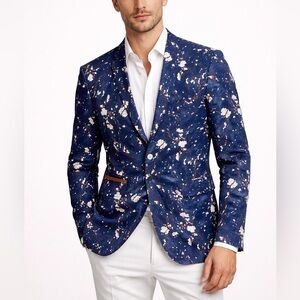 WD•NY Black 100% Cotton Navy Blue and Orange Floral Print Blazer size Medium